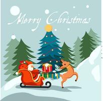 Merry Christmas greetings, vector illustration of Santa Claus riding a reindeer carriage, with a background of snow and pine trees, as well as several gifts, to be distributed,