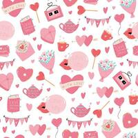 Valentine's day seamless pattern with pink cartoon elements, doodles for textile prints, gift wrapping paper, wallpaper, backgrounds, stationary, etc. EPS 10 vector