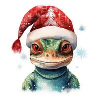 AI generated Generative AI, cute lizard animal, pet in Christmas hat and ugly sweaters, watercolor style. photo