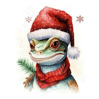 AI generated Generative AI, cute lizard animal, pet in Christmas hat and ugly sweaters, watercolor style. photo