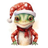 AI generated Generative AI, cute lizard animal, pet in Christmas hat and ugly sweaters, watercolor style. photo