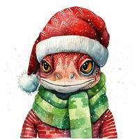 AI generated Generative AI, cute lizard animal, pet in Christmas hat and ugly sweaters, watercolor style. photo