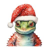 AI generated Generative AI, cute lizard animal, pet in Christmas hat and ugly sweaters, watercolor style. photo