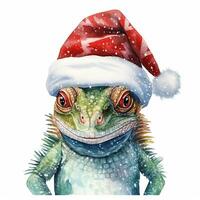 AI generated Generative AI, cute lizard animal, pet in Christmas hat and ugly sweaters, watercolor style. photo