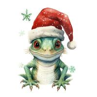 AI generated Generative AI, cute lizard animal, pet in Christmas hat and ugly sweaters, watercolor style. photo