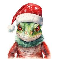 AI generated Generative AI, cute lizard animal, pet in Christmas hat and ugly sweaters, watercolor style. photo