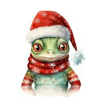 AI generated Generative AI, cute lizard animal, pet in Christmas hat and ugly sweaters, watercolor style. photo