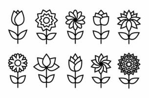 Flowers icon set isolated on white background. Outline flat flowers vector. Flowers with leaf icon. Minimalist and simple flowers symbol. vector