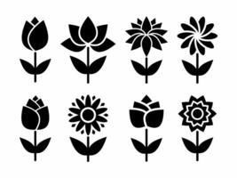 Flowers icon set isolated on white background. Flat black flowers vector. Flowers with leaf icon. Minimalist and simple flowers symbol. vector