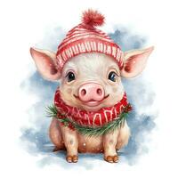AI generated Generative AI, cute pig animal, pet in Christmas hat and ugly sweaters, watercolor style. photo