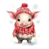 AI generated Generative AI, cute pig animal, pet in Christmas hat and ugly sweaters, watercolor style. photo