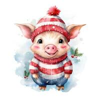 AI generated Generative AI, cute pig animal, pet in Christmas hat and ugly sweaters, watercolor style. photo