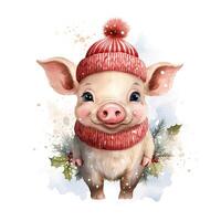 AI generated Generative AI, cute pig animal, pet in Christmas hat and ugly sweaters, watercolor style. photo