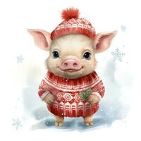 AI generated Generative AI, cute pig animal, pet in Christmas hat and ugly sweaters, watercolor style. photo