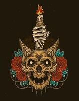 Illustration Hand drawn. Demon skull candle with rose flower vector