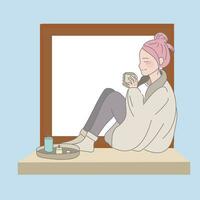 an illustration of a woman sitting on the window sill, reading, in the style of light pink and light azure, pure color, hallyu, light maroon and light azure, ceramic, warmcore, mirror vector