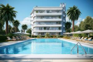 AI generated Apartment front view with swimming pool photo