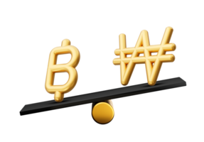 3d Golden Baht And Won Symbol Icons With 3d Black Balance Weight Seesaw, 3d illustration png