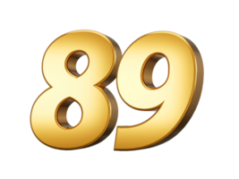 3d illustration of golden number Eighty nine or 89  with shadow. png