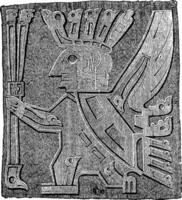 Details of the Tiahuanaco monolith door, Peru, vintage engraving. vector