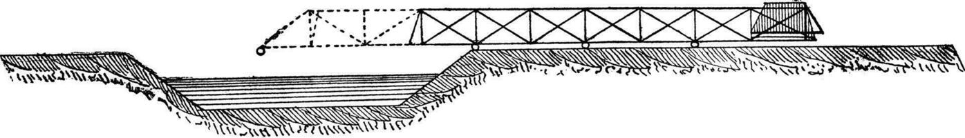 Jetting a portable bridge, vintage engraving. vector