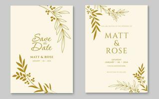 Elegant wedding invitation card template. Wedding invitation cover design with gold leaf line art. Vector illustration