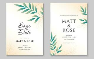 Wedding invitation card template. Abstract leaves art background design. Vector illustration