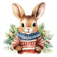 AI generated Generative AI, cute rabbit animal, pet in Christmas hat and ugly sweaters, watercolor style. photo