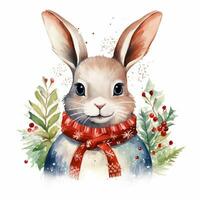 AI generated Generative AI, cute rabbit animal, pet in Christmas hat and ugly sweaters, watercolor style. photo