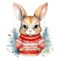 AI generated Generative AI, cute rabbit animal, pet in Christmas hat and ugly sweaters, watercolor style. photo