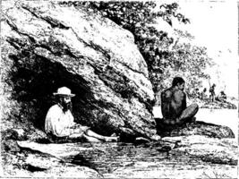 In the Shade of a Large Rock in Oiapoque, Brazil, vintage engraving vector