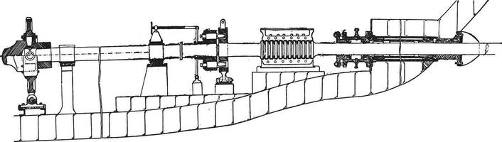 View and cutting the tree line of an iron building with two propellers, vintage engraving. vector