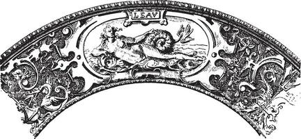 Marly a pewter dish, vintage engraving. vector