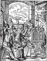 Goldsmith workshop in the sixteenth century, vintage engraving. vector