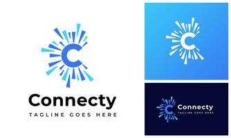 Sparkle initial letter C with abstract circular center circle for technology connection logo design vector