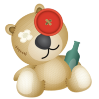 Voodoo bear Doll drunken made from sackcloth hug a bottle of liquor isolated. png