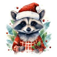 AI generated Generative AI, cute raccoon animal, pet in Christmas hat and ugly sweaters, watercolor style. photo