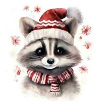 AI generated Generative AI, cute raccoon animal, pet in Christmas hat and ugly sweaters, watercolor style. photo