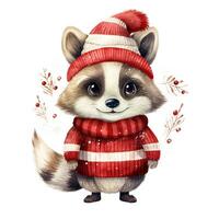 AI generated Generative AI, cute raccoon animal, pet in Christmas hat and ugly sweaters, watercolor style. photo