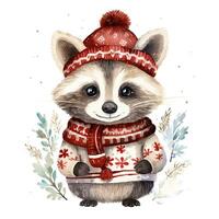 AI generated Generative AI, cute raccoon animal, pet in Christmas hat and ugly sweaters, watercolor style. photo