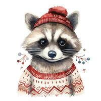 AI generated Generative AI, cute raccoon animal, pet in Christmas hat and ugly sweaters, watercolor style. photo