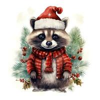 AI generated Generative AI, cute raccoon animal, pet in Christmas hat and ugly sweaters, watercolor style. photo