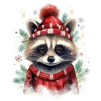 AI generated Generative AI, cute raccoon animal, pet in Christmas hat and ugly sweaters, watercolor style. photo
