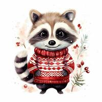 ai generado generativo ai, linda mapache animal, mascota en Navidad sombrero y feo suéteres, acuarela estilo. foto