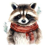 AI generated Generative AI, cute raccoon animal, pet in Christmas hat and ugly sweaters, watercolor style. photo