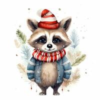 AI generated Generative AI, cute raccoon animal, pet in Christmas hat and ugly sweaters, watercolor style. photo