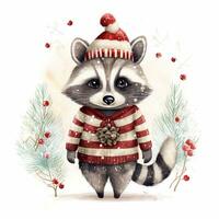 AI generated Generative AI, cute raccoon animal, pet in Christmas hat and ugly sweaters, watercolor style. photo