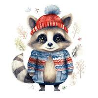 AI generated Generative AI, cute raccoon animal, pet in Christmas hat and ugly sweaters, watercolor style. photo