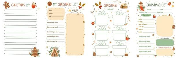 Christmas wishes list template collection. Printable pages set decorated tasty gingerbread cookies, house Vector gift planner, notes, schedule, planner, checklist, notebook. Secret Santa lists.