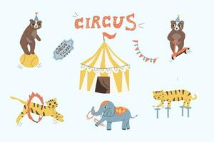 cute circus baby animals and tents set vector